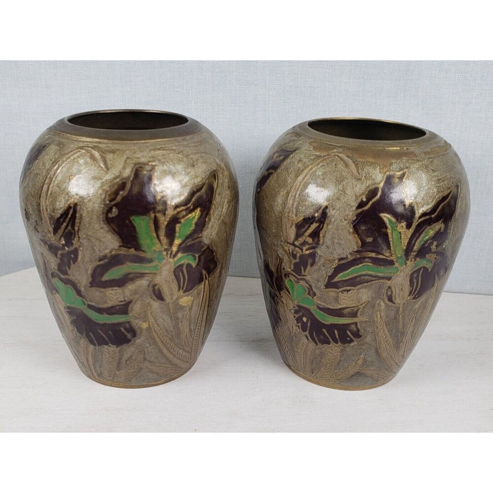 Vintage 4 Inch Solid Brass Cloisonne Enamel Vase Iris Floral Design Sage Green